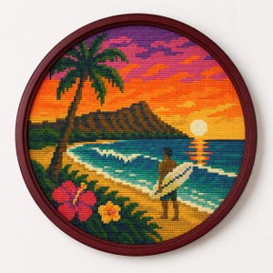 Diamond Head Hawaii Cross Stitch Pattern – Tropical Sunset Beach Surfer (PDF Download)