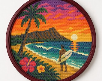 Schema per punto croce Diamond Head Hawaii in PDF – Paesaggio costiero con tramonto tropicale, surfisti e palme.