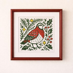 May include: A framed cross-stitch of a red and white bird surrounded by green foliage, yellow stars, and red berries. The artwork is in a brown wooden frame, perfect for holiday decor.
