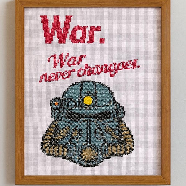 Padrão de Ponto Cruz no Estilo Fallout: Armadura Potente, Frase "A Guerra Nunca Muda" (Padrão em PDF)