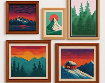 Mountain Sunset Cross Stitch Pattern Bundle – Landscape Embroidery (PDF Pattern)