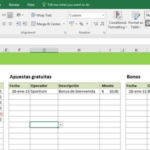 Könnte beinhalten: Ein Screenshot einer Microsoft Excel-Tabelle mit grünem Header und weißem Hintergrund. Die Tabelle enthält Finanzdaten, einschließlich Daten, Betreiber und Beträge in Euro. Der Text "Depósitos y retiros" ist sichtbar.