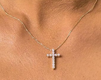 Gold Cross Pendant Necklace: Cubic Zirconia, Stainless Steel Chain
