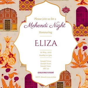 Uitnodiging mehendi-nacht | Bewerkbare mehndi-evenementuitnodiging alleen voor meisjes | Indiase bruiloft pre-bruiloftviering | Bloemen- en paleisontwerp