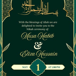 Nikah Zeremonie Einladung | Islamische Hochzeit einladen | Muslimische Hochzeitskarte | Grün & Gold eleganter digitaler Download