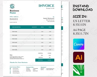 Business Invoice Order Form Template von Craftive Goodies, Canva Invoice Invoice Template in Sofortiger Digitaler Download, KG107