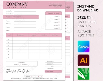 Pink Florist Order Form Template, US Letter & A4 (Digital Download)