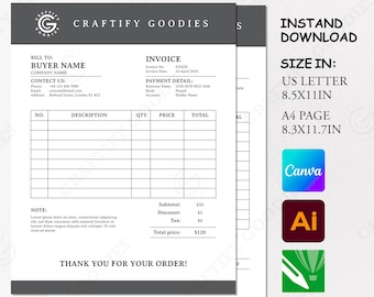 Einfache Rechnungsvorlage von Craftive Goodies, Canva Rechnungseingangsvorlage im sofortigen digitalen Download, KG020