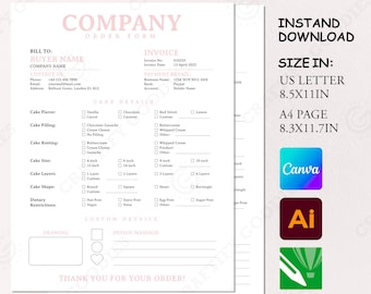 Kuchen bestellen, rosa Rechnung, US Letter & A4 (Digitaler Download)