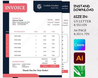 Modern Invoice Template, Editable Order Form (Digital Download)