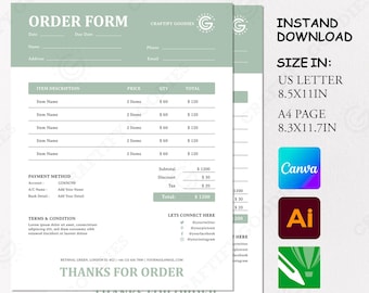 Editable Order Form Template, Canva Invoice, US Letter & A4 (Digital Download)
