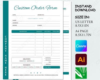 Business Invoice Template, Order Form, Canva, AI, PDF (Digital Download)