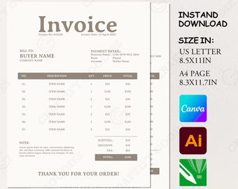 Editable Invoice Template, Canva Order Form, US Letter A4 (Digital Download)