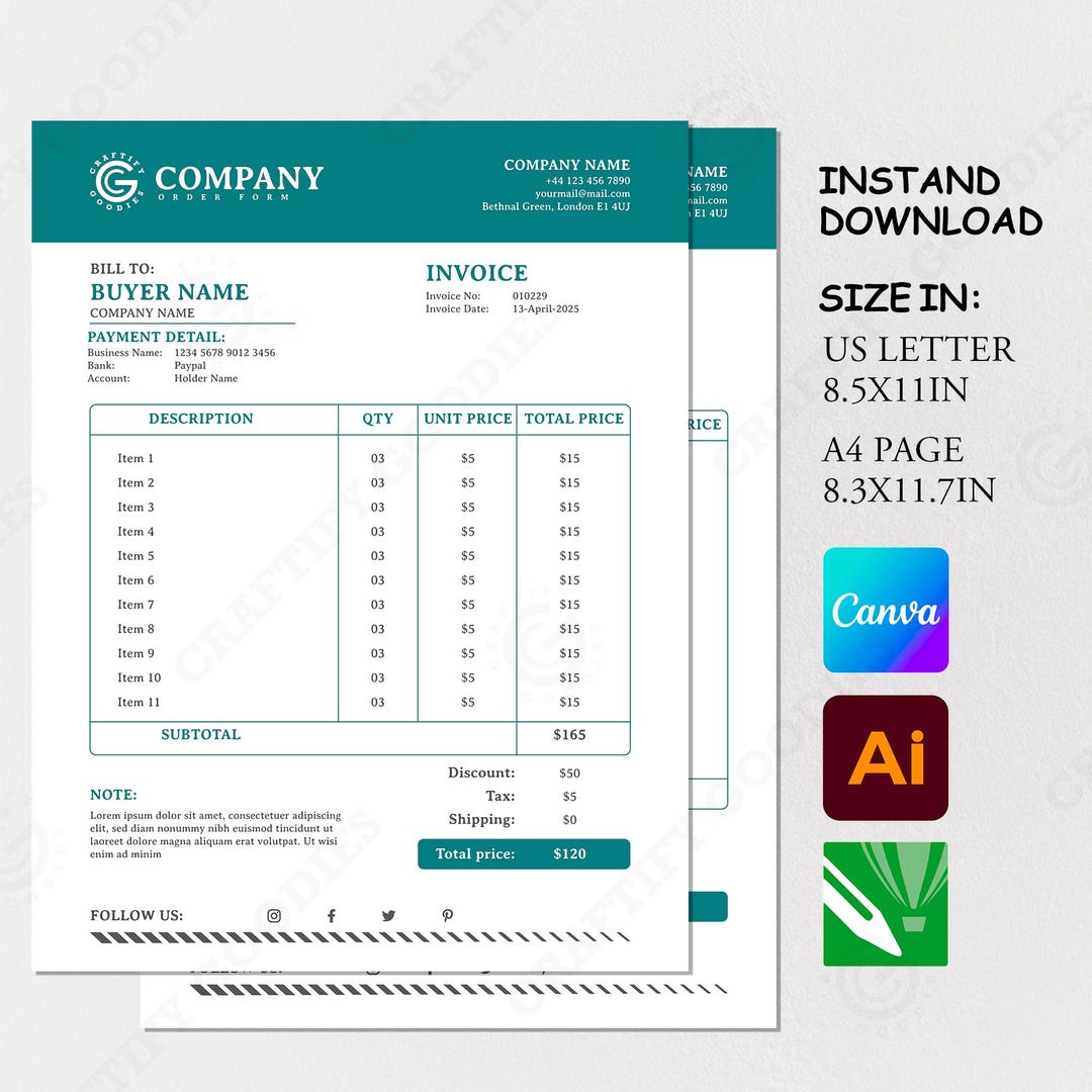 Business Invoice Order Form Template by Craftify Goodies, Canva Invoice ...