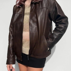 Women Vintage Deep Brown Leather Bomber jacket, Ultra Oversized Pure Bomber leather jacket, Ladies Soft Straight Cut Sheep Leather Jacket
