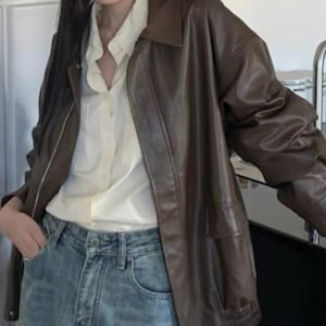 Women Classic 90s Retro brown Leather Bomber jacket, Oversized Straight Cut Sheep Leather Jacket. Ladies Leather jacket, Soft bomber Jacket