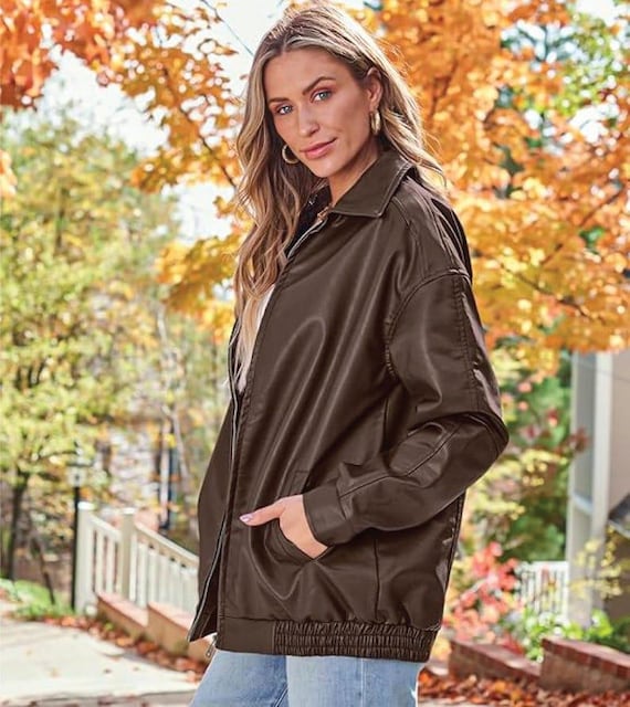 Oversized Lamb Leather Bomber Jacket | 1980s Moto Style - Etsy