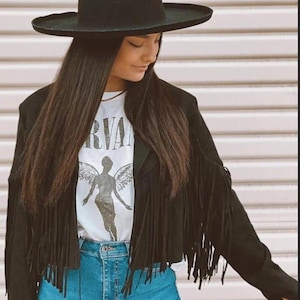 Women&#39;s Vintage Fringe Leather Jacket Black Suede Leather Jacket Ladies Leather jacket Fringe Jacket Ladies oversized leather jacket Gift