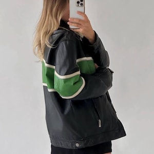 Distressed Green and black Jacket, Handmade Genuine Leather Jacket, 90s Oversized Leather Jacket, biker racer Jacket, Gift for her