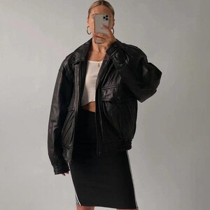 1980s Oversized Vintage Black Leather Jacket Long Sleeve Leather Jacket Women Plus Size Leather Jacket Ladies For Gift Jacket Collection