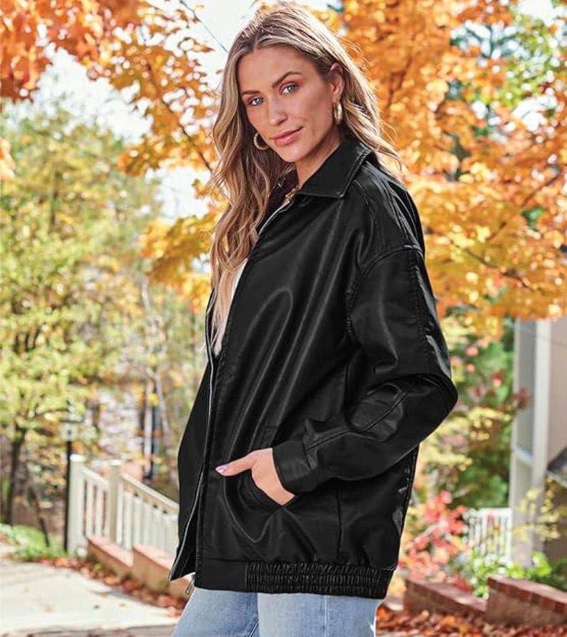 Oversized Lamb Leather Bomber Jacket | 1980s Moto Style - Etsy Oversized Lamb Leather Bomber Jacket | 1980s Moto Style - Etsy