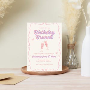 Rosa Geburtstags-Brunch-Einladung | 23. Geburtstag Leinwand Vorlage | Champagner-Party einladen | Bearbeitbarer digitaler Download