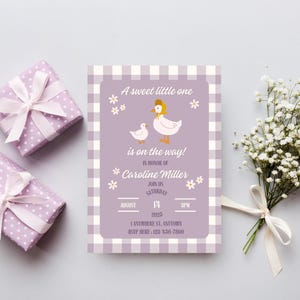 Pacote de convites para chá de bebê Goose | Conjunto de modelos para chá de bebê Cottagecore | Convite editável, placa de boas-vindas, rótulos de alimentos e muito mais