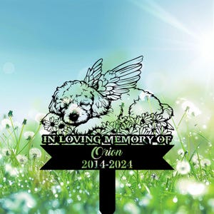 Custom Dog Memorial Stake, Angel Bichon Frise Sleeping on Flowers Metal Sign,Remembrance Stake,Dog Garden Sign, Dog Loss Gift, Sympathy Sign