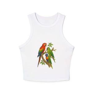 Colorful Parrot Racer Tank Top, Tropical Summer Top, Bird Lover Gift, Casual Wear, Beach Day Outfit, Vacation Apparel