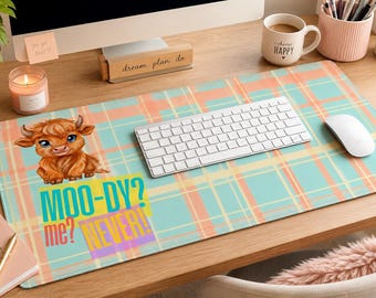 Cow Plaid Desk Mat | Retro Calf Illustration, Farmhouse Workspace Accessory