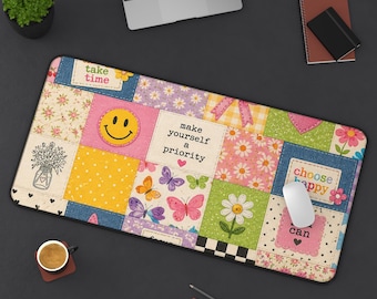 Patchwork Desk Mat | Floral Checkerboard, Positive Affirmations, Smiley Face, Butterflies