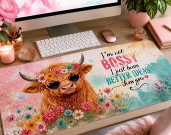 Highland Cow Floral Desk Mat | "Better Ideas" Slogan, Farmhouse Style