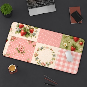 Shabby Chic Patchwork Floral Desk Mat | Vintage Rose Strawberry Pattern
