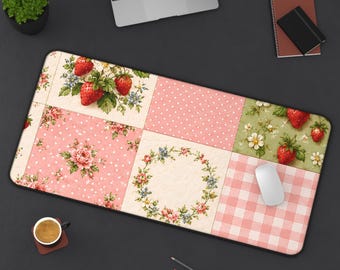 Shabby Chic Patchwork Floral Desk Mat | Vintage Rose Strawberry Pattern