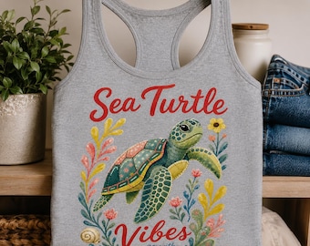 Sea Turtle Vibes Racerback Tank | Watercolor Coastal Beach Summer Shirt