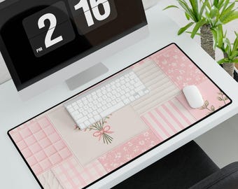 Pink Patchwork Floral Desk Mat | Cottage-core Mousepad, Office Decor