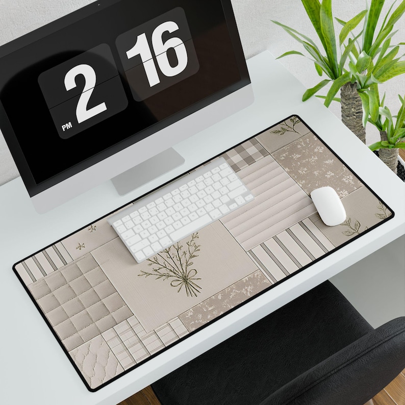 Patchwork Floral Vintage Desk Mat | Neutral Cottagecore Mouse Pad image 1