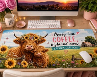 Highland Cow Coffee Desk Mat | Messy Bun Sunflower Farmhouse Pad