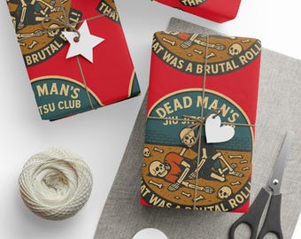 Dead Mans Jiu Jitsu Club Wrapping Paper / That Was a Brutal Roll Skeleton Gift Wrap | Funny BJJ Christmas or Holiday Paper