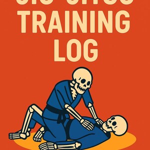 Op de afbeelding: Een oranje Jiu-Jitsu Training Log cover met een cartoon illustratie van twee skeletten in blauwe vechtsportuniformen. De skeletten bevinden zich in een grappling positie op een gele ovaal, met de tekst "Jiu-Jitsu Training Log" bovenaan.