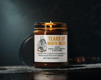 Vela de soja "Lágrimas de Cinturón Blanco" / Regalo divertido de BJJ / Vela perfumada "Lino Fresco y Pánico" / Vela de broma de Jiu-Jitsu Brasileño, Vela de soja perfumada