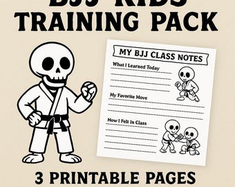 Paquete de entrenamiento de BJJ para niños: notas imprimibles de clase de Jiu-Jitsu, registro de cinturón y hoja de preparación para torneos