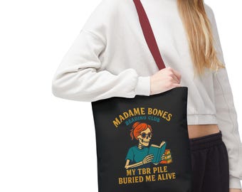 Bolsa de lectura de Madame Bones / Mi pila de libros pendientes me enterró viva, bolsa de mano para amantes de los libros, perfecta para lectores, regalo de Halloween, bolsa literaria