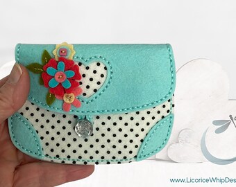 Coin Purse with Flowers - Polka Dot Coin Purse - Felt Coin Purse - Coin Purse for Girls - Coin Purse for Mom - Turquoise Coin Purse