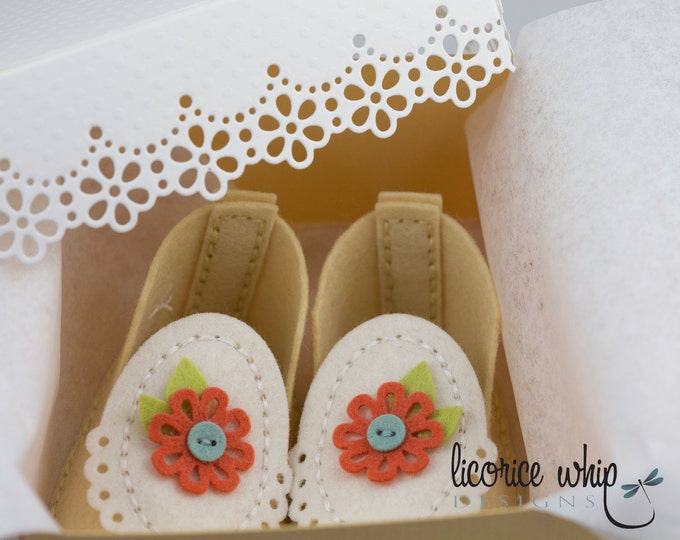 Baby Gift, Baby Booties, Wool Felt, Hand Stitched Pale Yellow with Floral details, Baby Booties comes in custom matching box - ANNABELLE