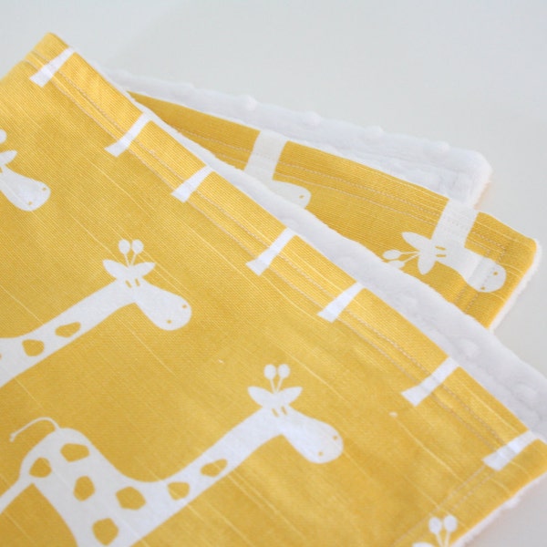 Baby Blanket, Giselle the Giraffe in Golden Yellow and Snow White Minky Bubble Dot