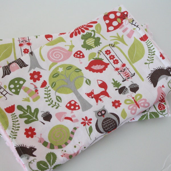 Organic Burp Cloths, Set of 2,  Forest Friends, Woodland, and Light Pink Minky Bubble Dot