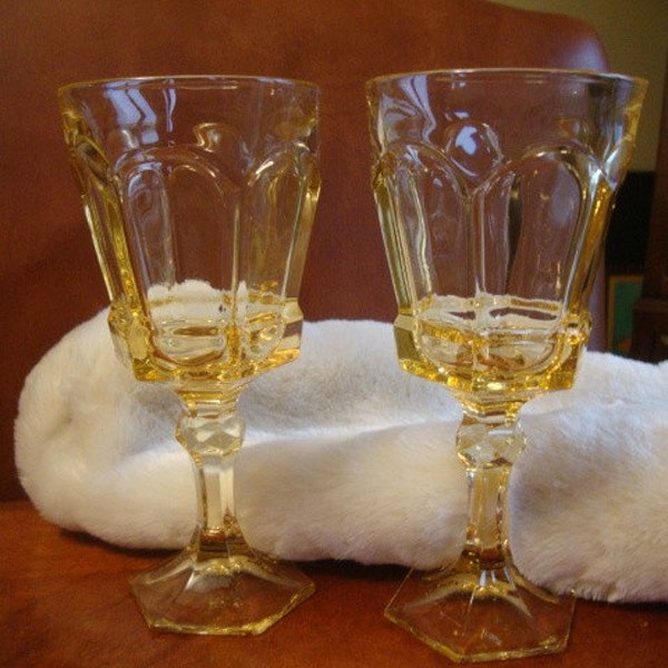 Pair of vintage wine glass goblets in citrine yellow