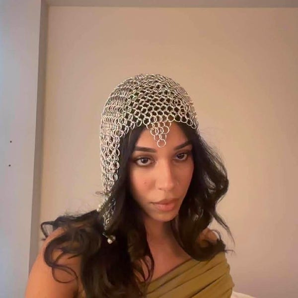 Aluminum Chainmail Coiffe Headpiece with Optional Pearls or Crystal Beads - Made to order