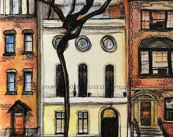 NY Brownstones Small Watercolor Painting